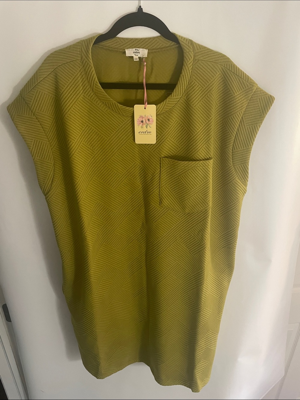 entro Olive Geometric Textured Mini Dress. Chest and Side Pockets